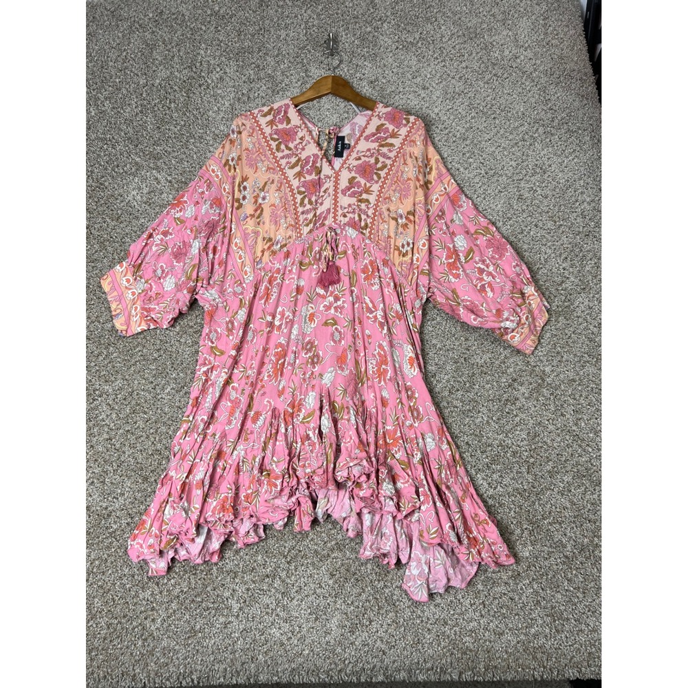 Aakaa Pink Floral Boho Mini Dress 1X Long Sleeve Ruffle Hem Tassel Babydoll